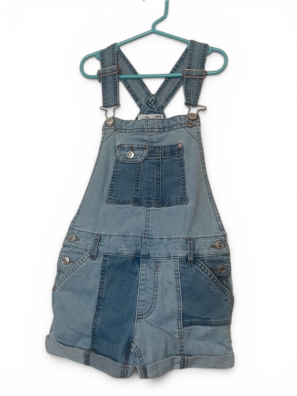 Girls Denim Short Overalls Size 7-9 Light Wash Patchwork w/Adjustable Straps